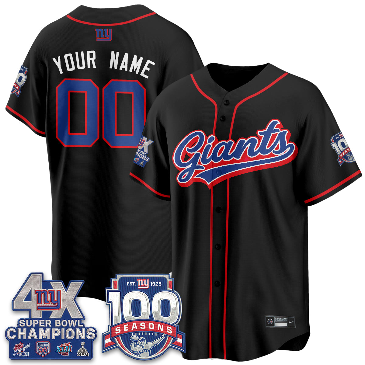 New York Giants 4X Champs & 100 Anniversary Vapor Baseball Custom Jersey - Stitched