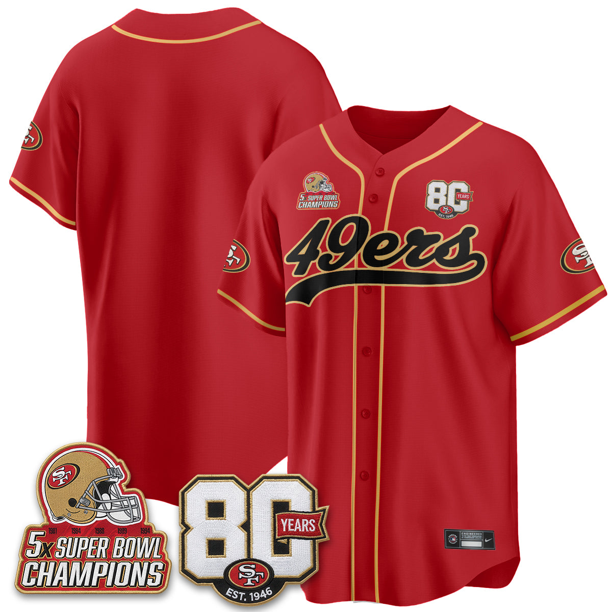 San Francisco 49ers 80 Years & 5X Champs Vapor Baseball Jersey - Stitched