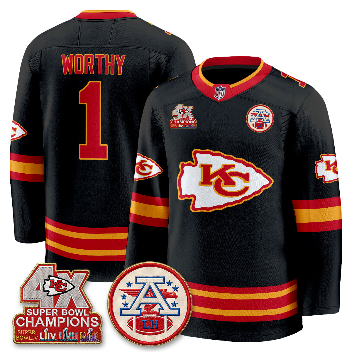 Kansas City Chiefs 4X Champs Edition Hockey Jersey - Stitched