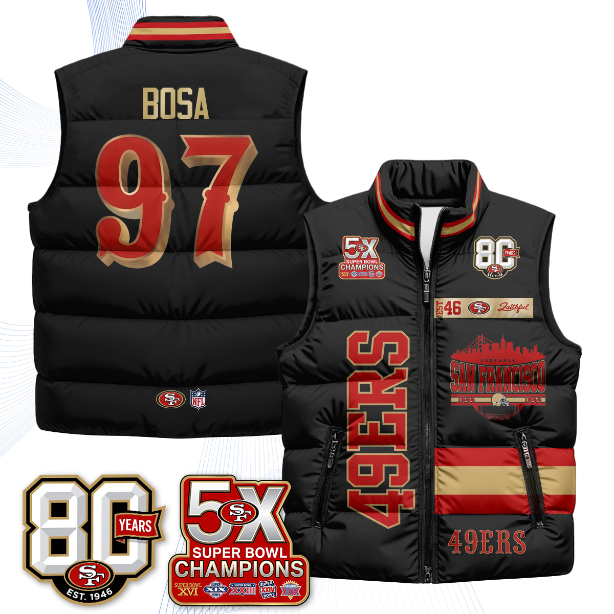 San Francisco 49ers Faithful to The Bay Puffer Vest - Printed