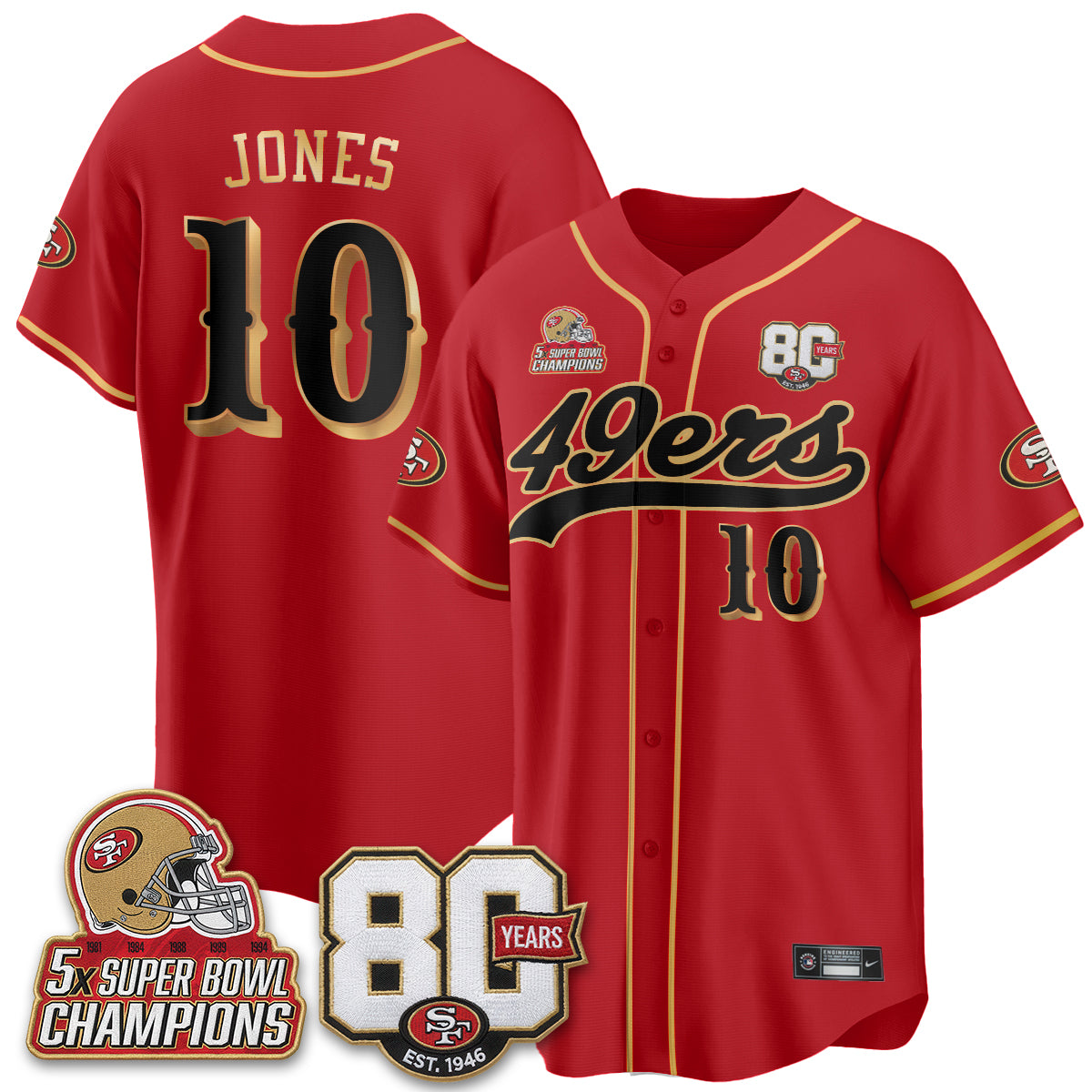San Francisco 49ers 80 Years & 5X Champs Vapor Baseball Jersey - Stitched