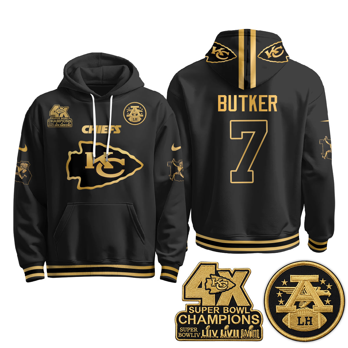 Kansas City Chiefs 4X Champs Gold Edition Hoodie - Stitched