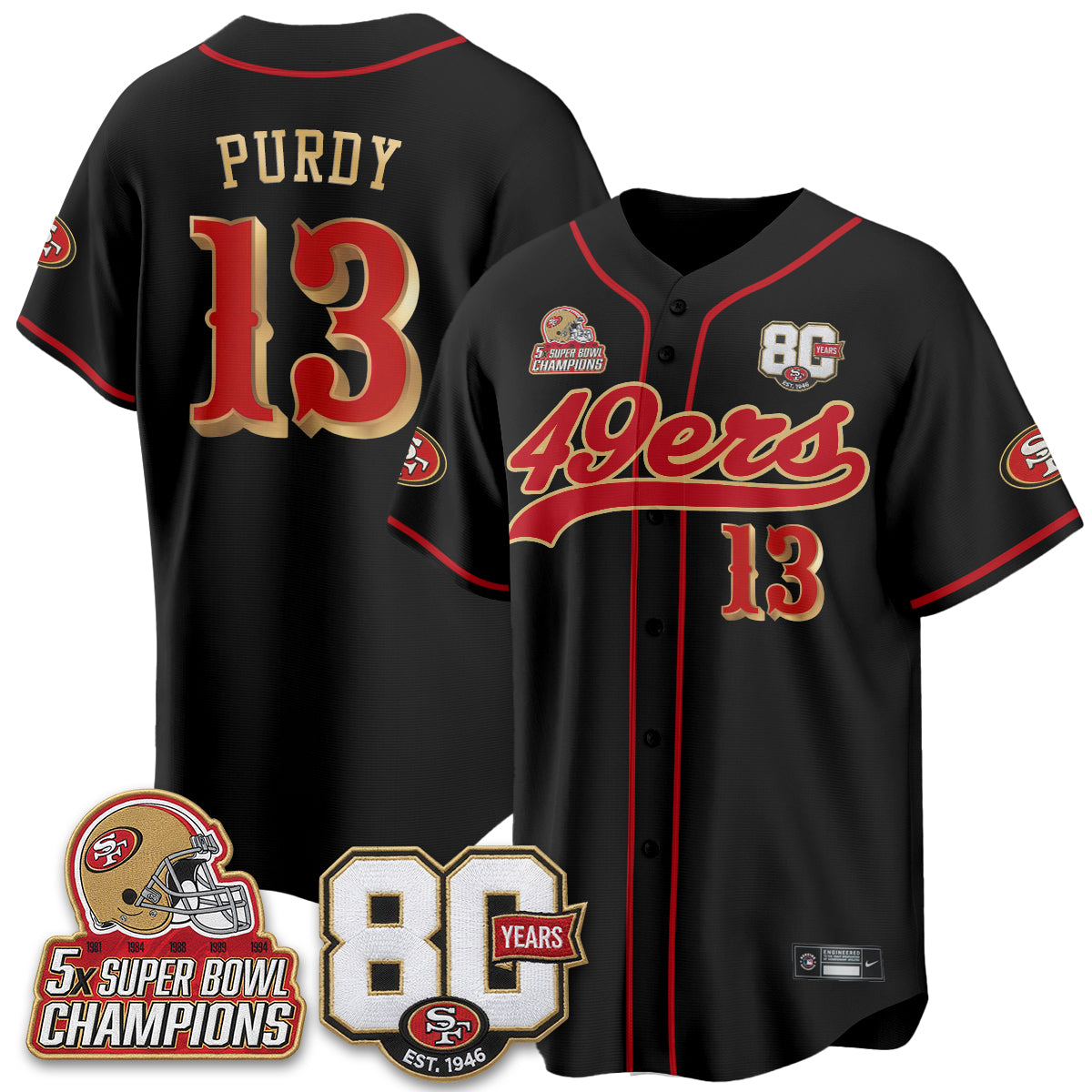 San Francisco 49ers 80 Years & 5X Champs Vapor Baseball Jersey - Stitched