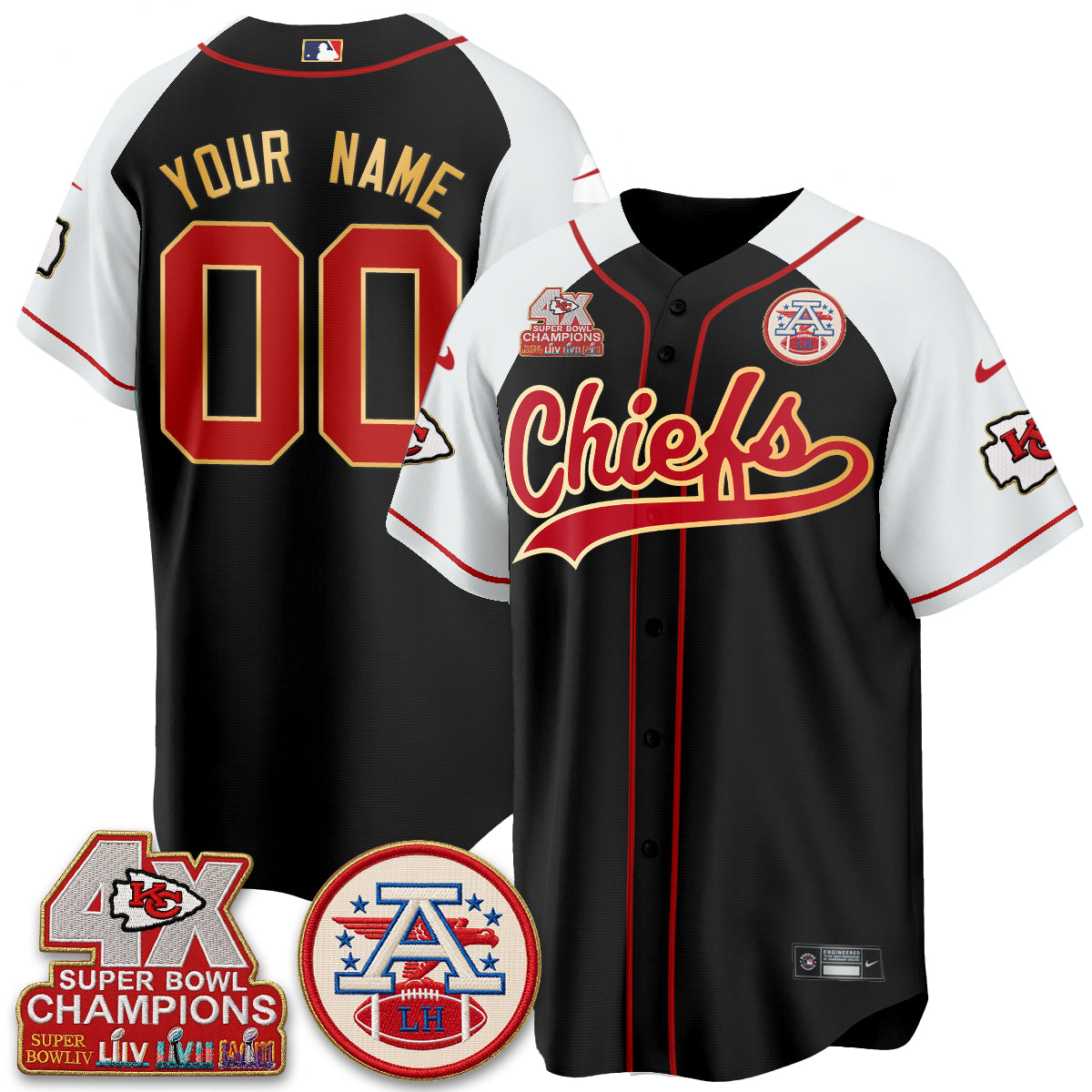 Kansas City Chiefs 4X Champs Gold Trim Edition Vapor Custom Baseball Jersey - Stitched