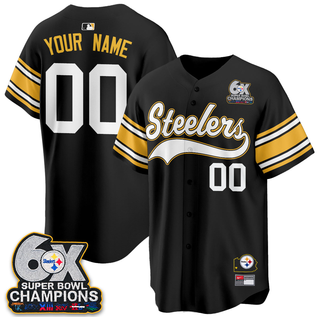 Pittsburgh Steelers 6X Champs Throwback Baseball Vapor Custom Jersey - Stitched