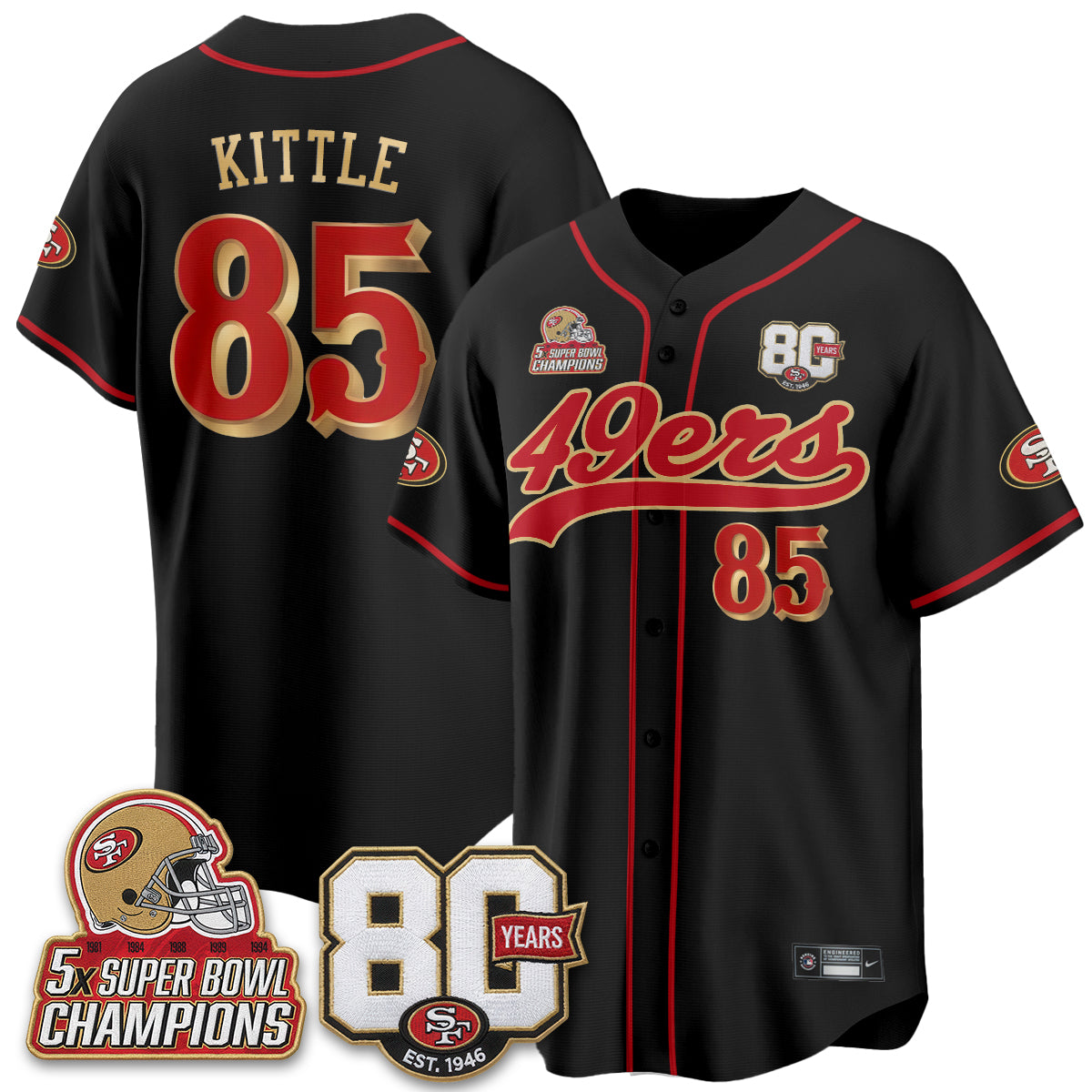 San Francisco 49ers 80 Years & 5X Champs Vapor Baseball Jersey - Stitched