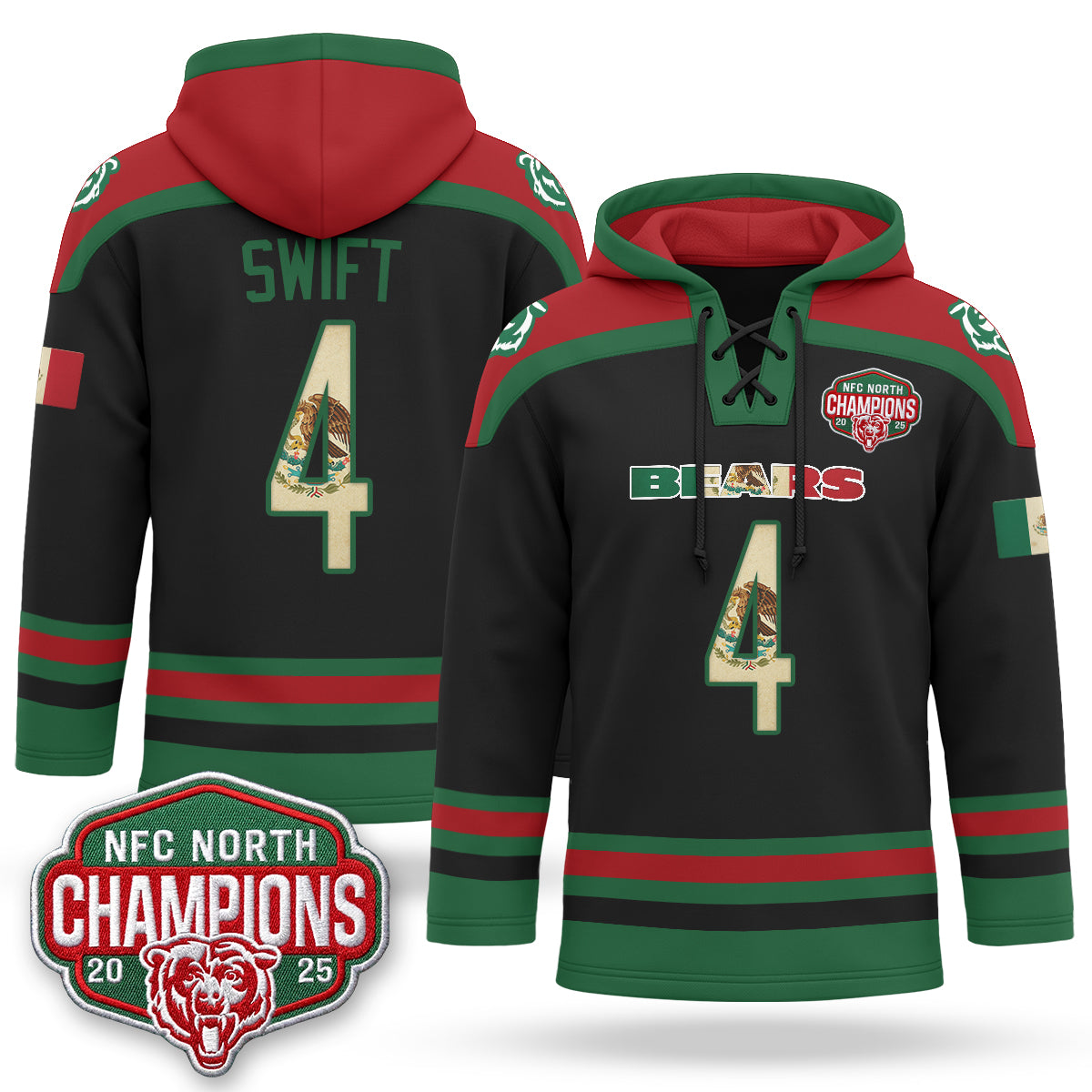 CHI 2026 Mexico NFC North Champions 2025 Patch Hockey Hoodie - Stitched