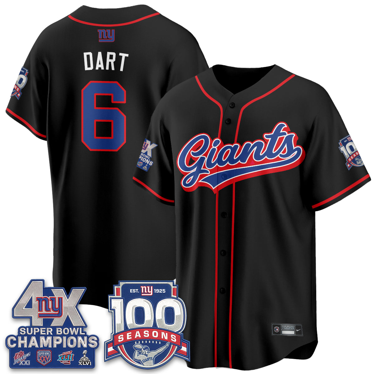 New York Giants 4X Champs & 100 Anniversary Vapor Baseball Jersey - Stitched