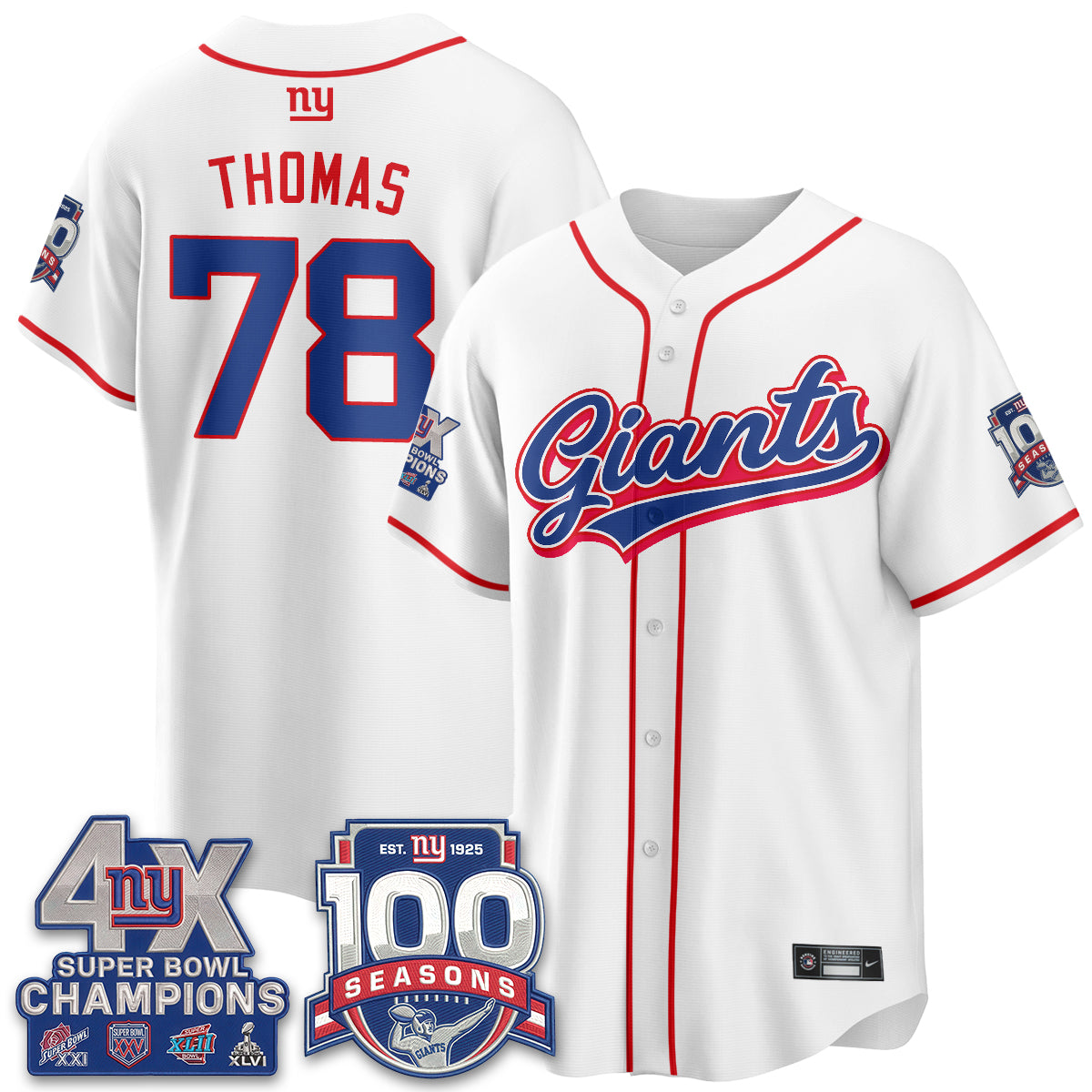 New York Giants 4X Champs & 100 Anniversary Vapor Baseball Jersey - Stitched