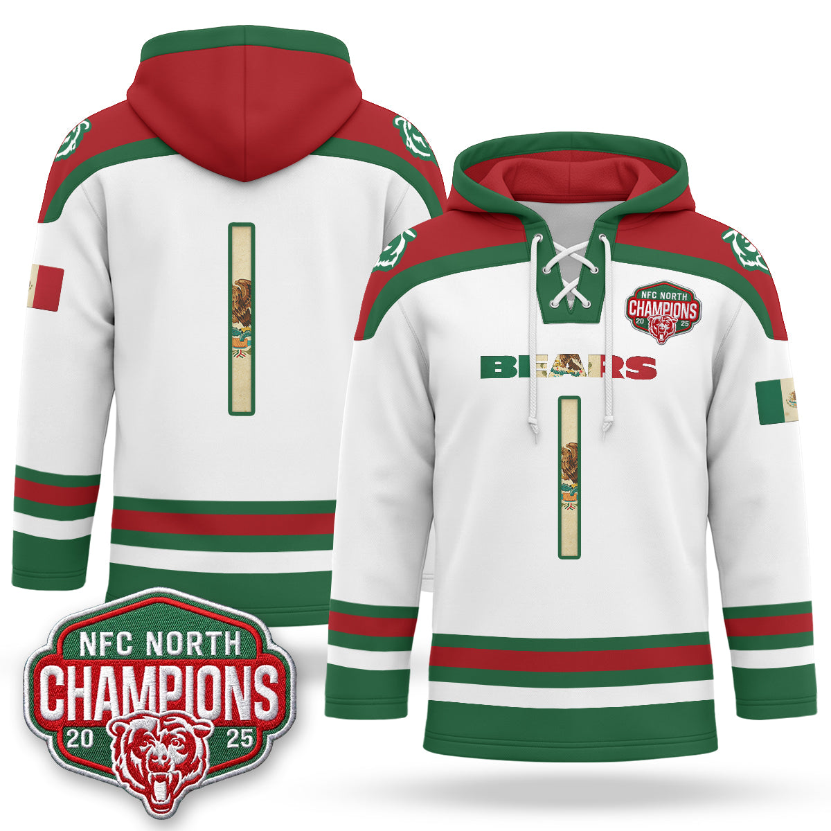 CHI 2026 Mexico NFC North Champions 2025 Patch Hockey Hoodie - Stitched