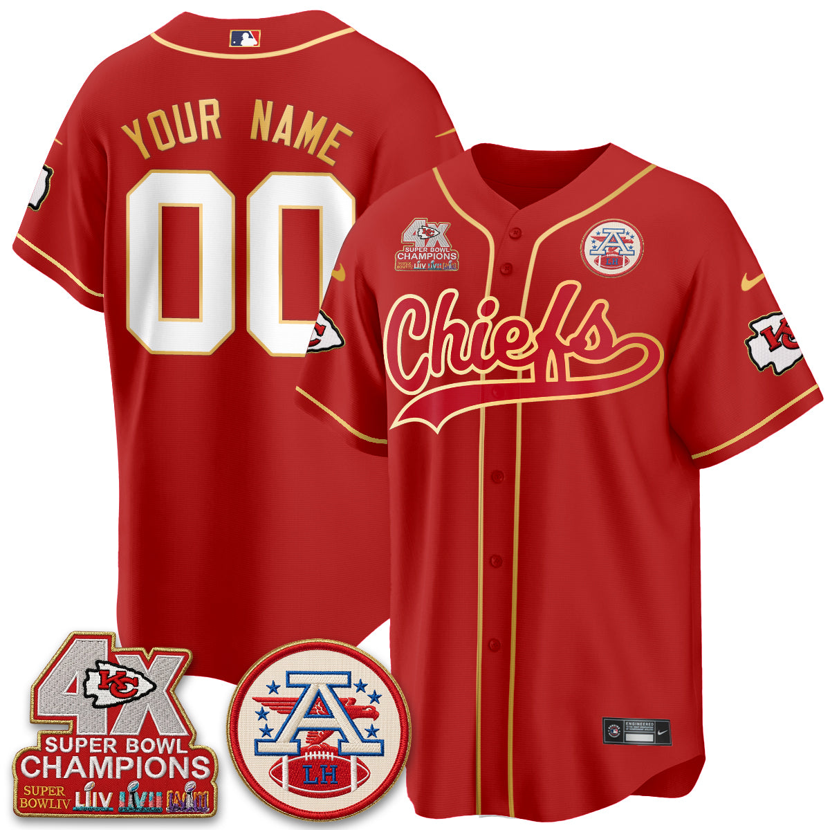 Kansas City Chiefs 4X Champs Gold Trim Edition Vapor Custom Baseball Jersey - Stitched
