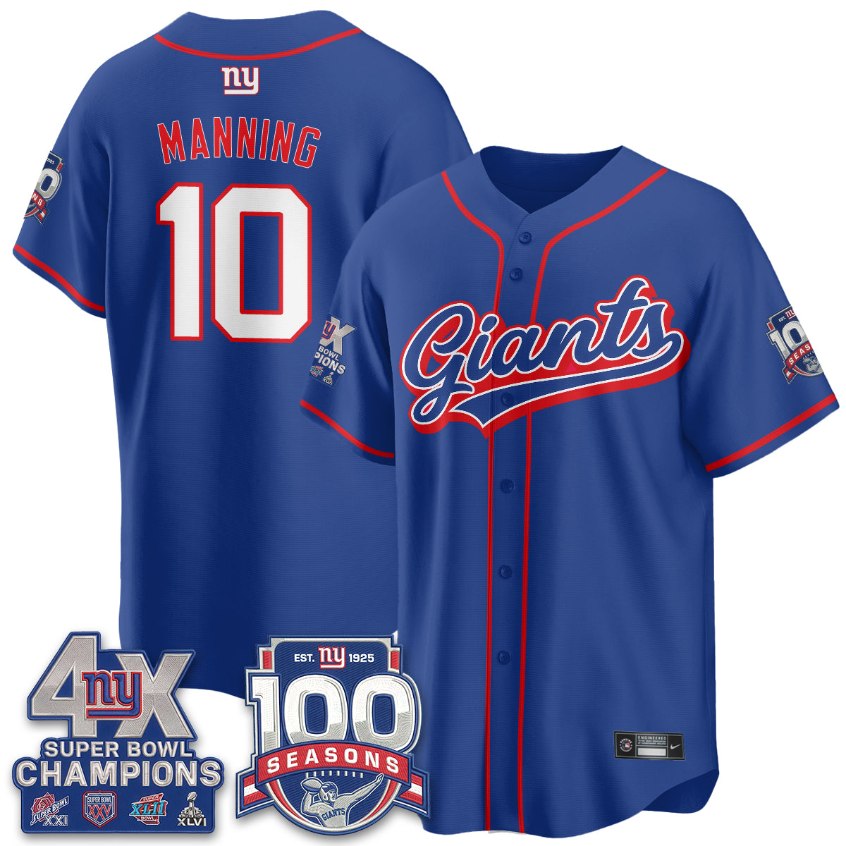 New York Giants 4X Champs & 100 Anniversary Vapor Baseball Jersey - Stitched