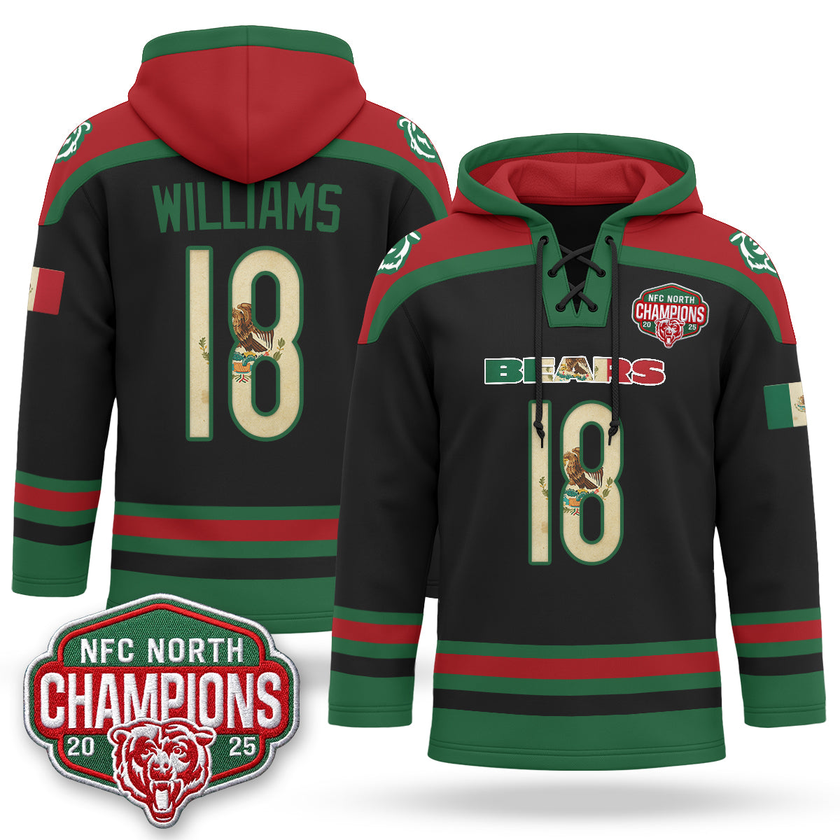 CHI 2026 Mexico NFC North Champions 2025 Patch Hockey Hoodie - Stitched
