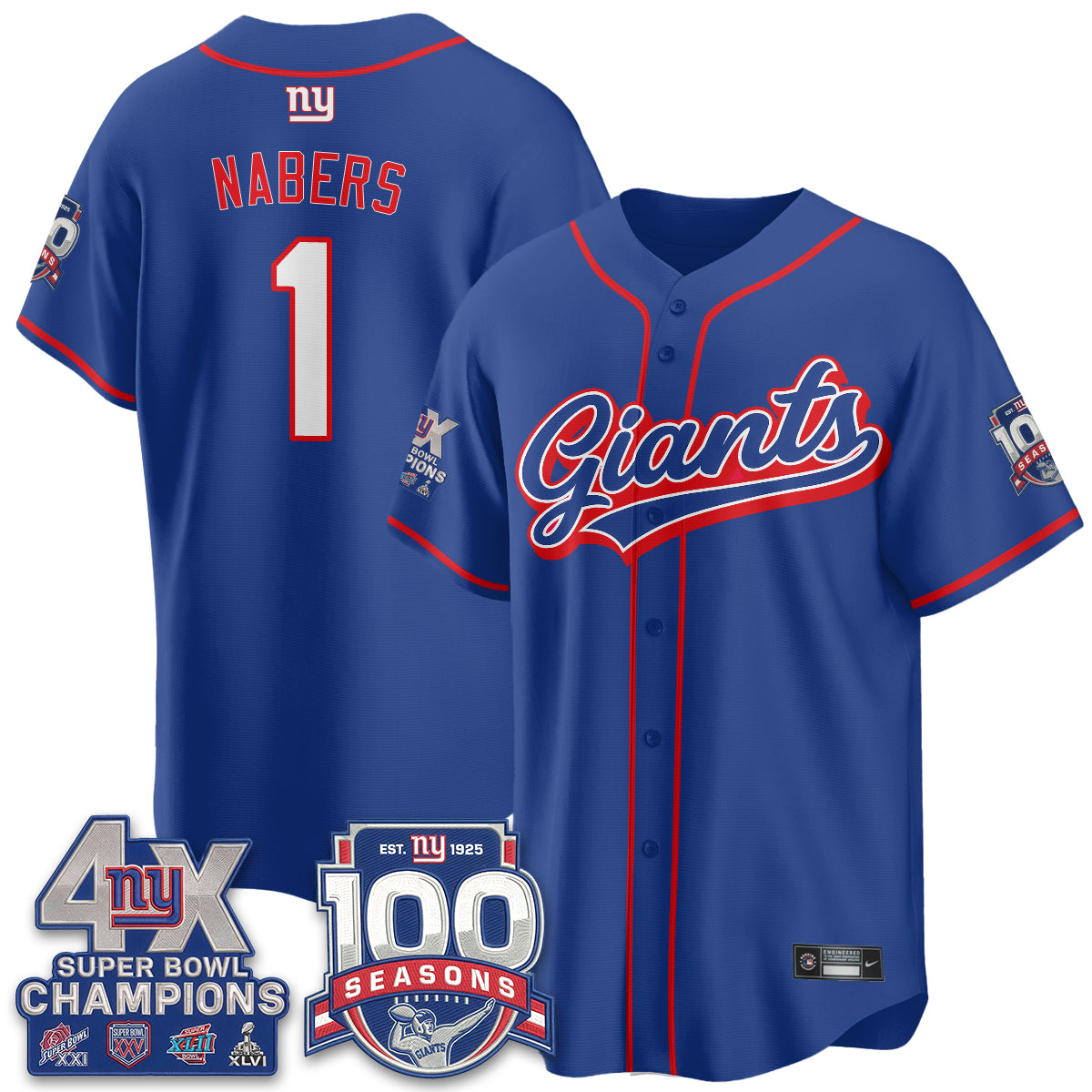 New York Giants 4X Champs & 100 Anniversary Vapor Baseball Jersey - Stitched