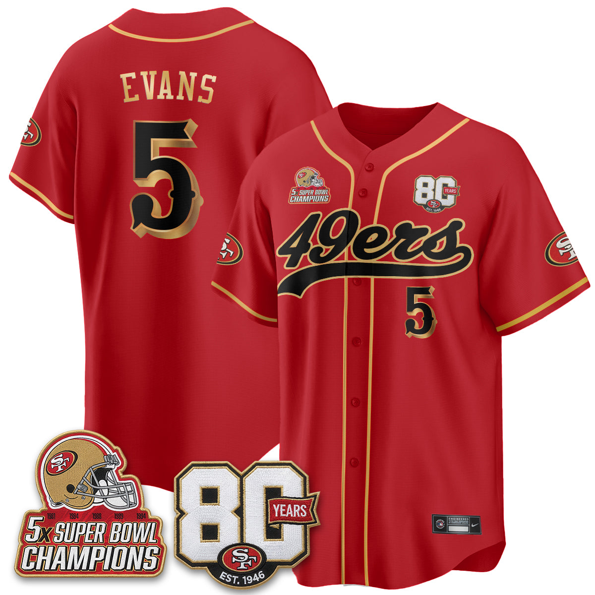 San Francisco 49ers 80 Years & 5X Champs Vapor Baseball Jersey - Stitched