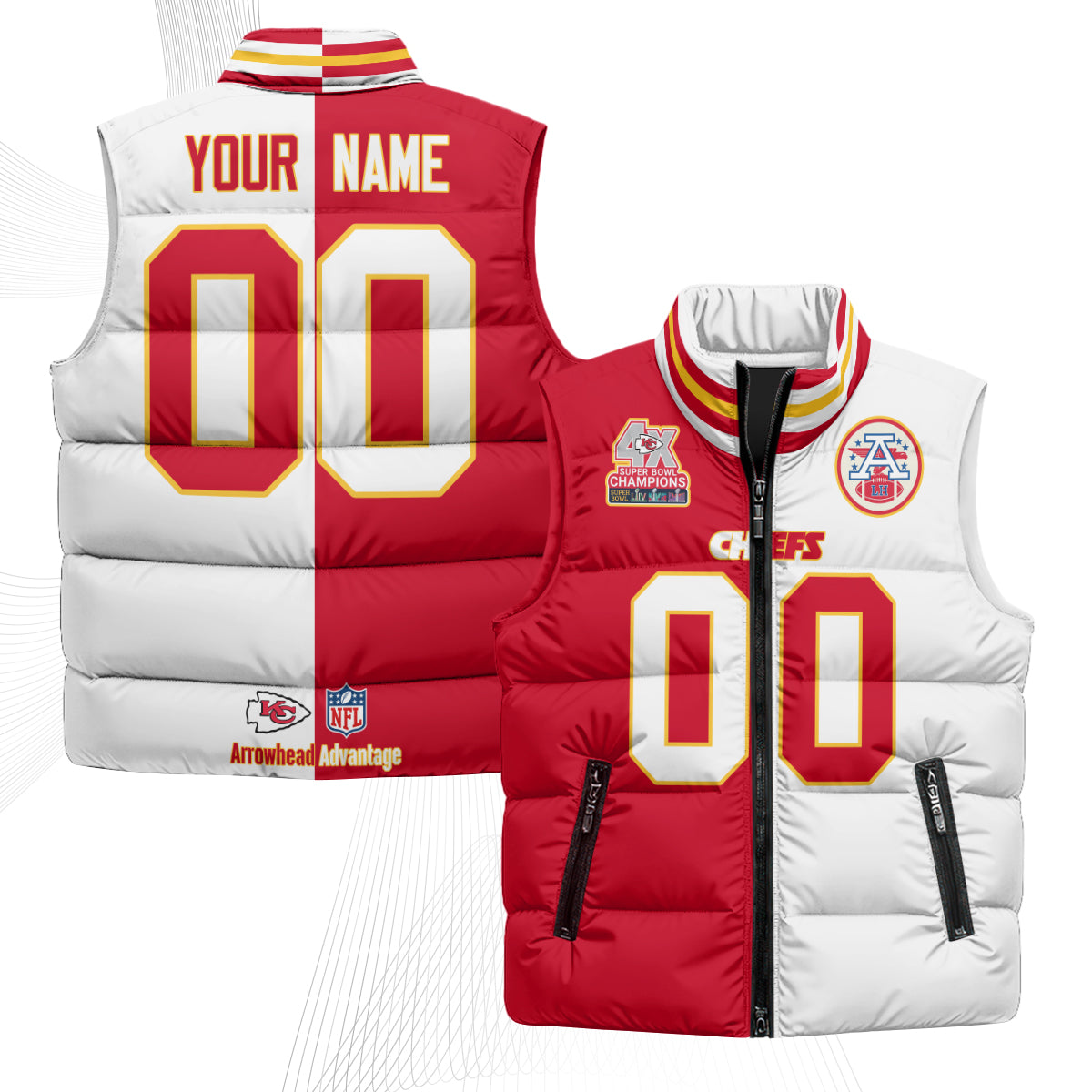 Kansas City Chiefs 4X Champs Gold Edition Custom Puffer Vest - Printed