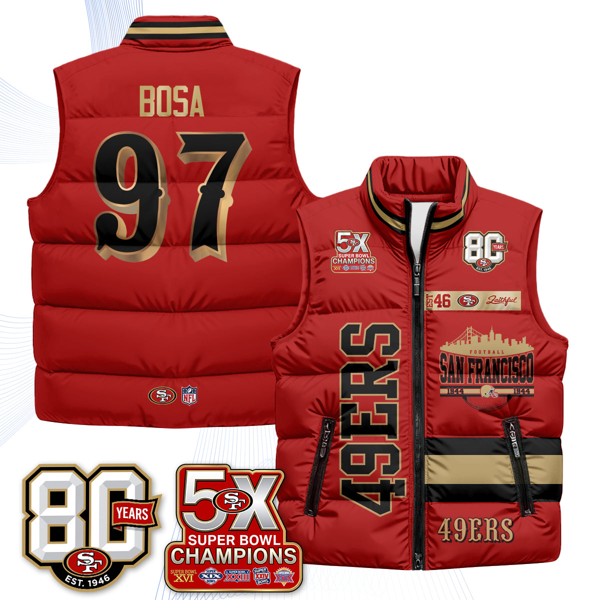 San Francisco 49ers Faithful to The Bay Puffer Vest - Printed