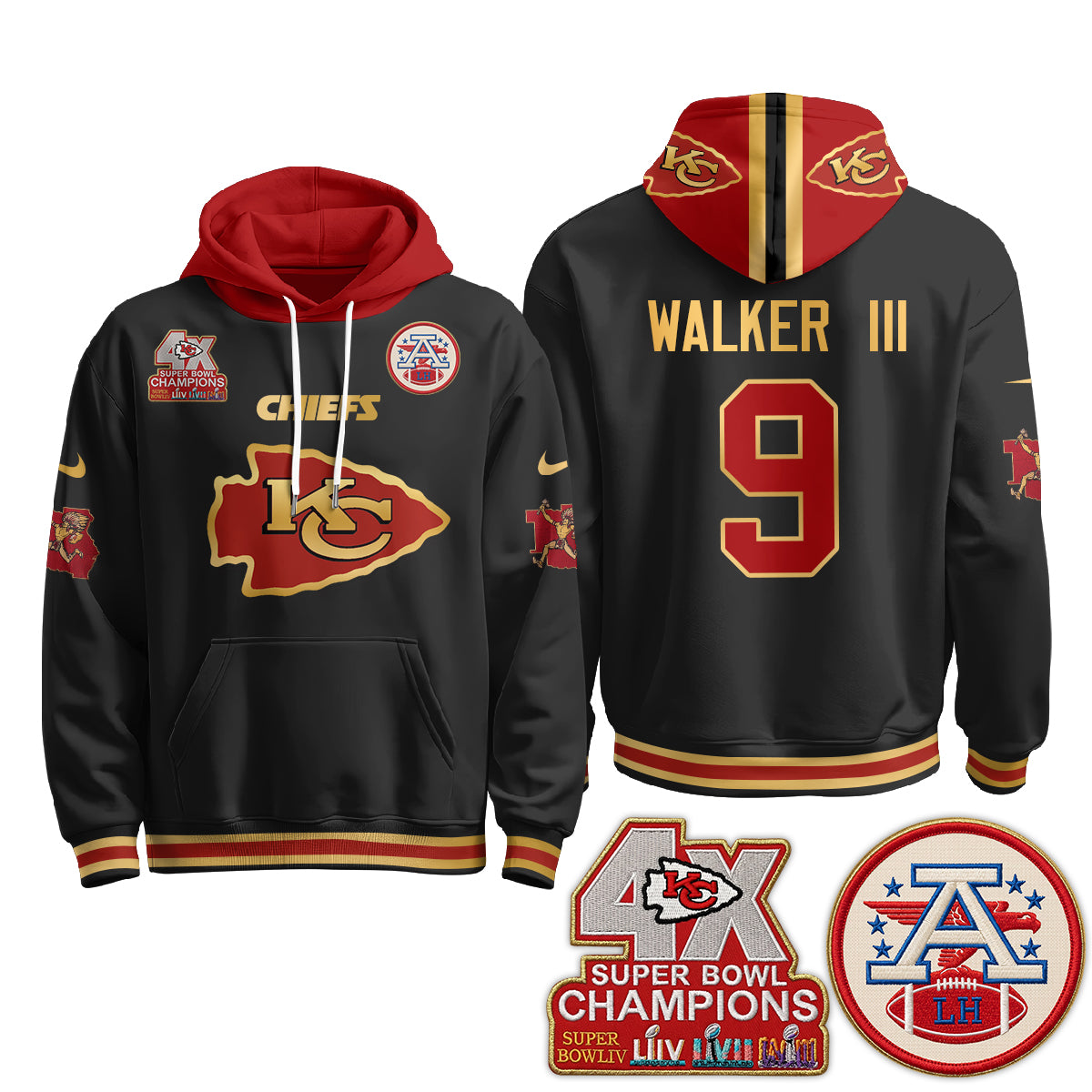 Kansas City Chiefs 4X Champs Gold Edition Hoodie - Stitched