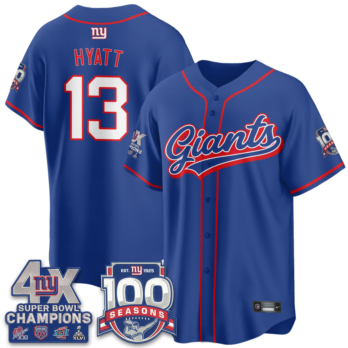 New York Giants 4X Champs & 100 Anniversary Vapor Baseball Jersey - Stitched