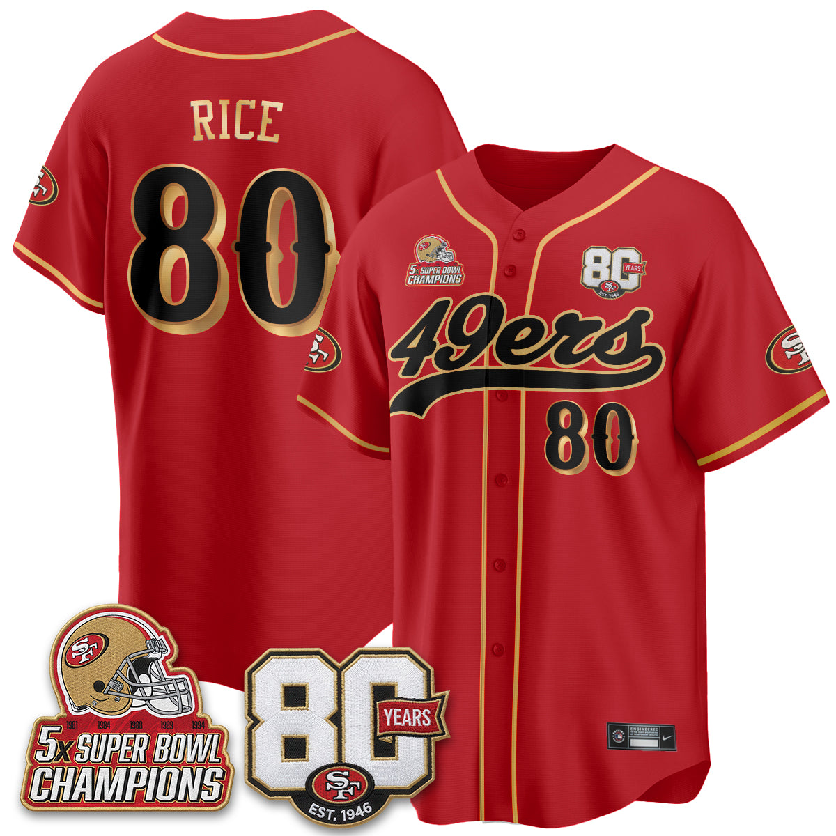 San Francisco 49ers 80 Years & 5X Champs Vapor Baseball Jersey - Stitched