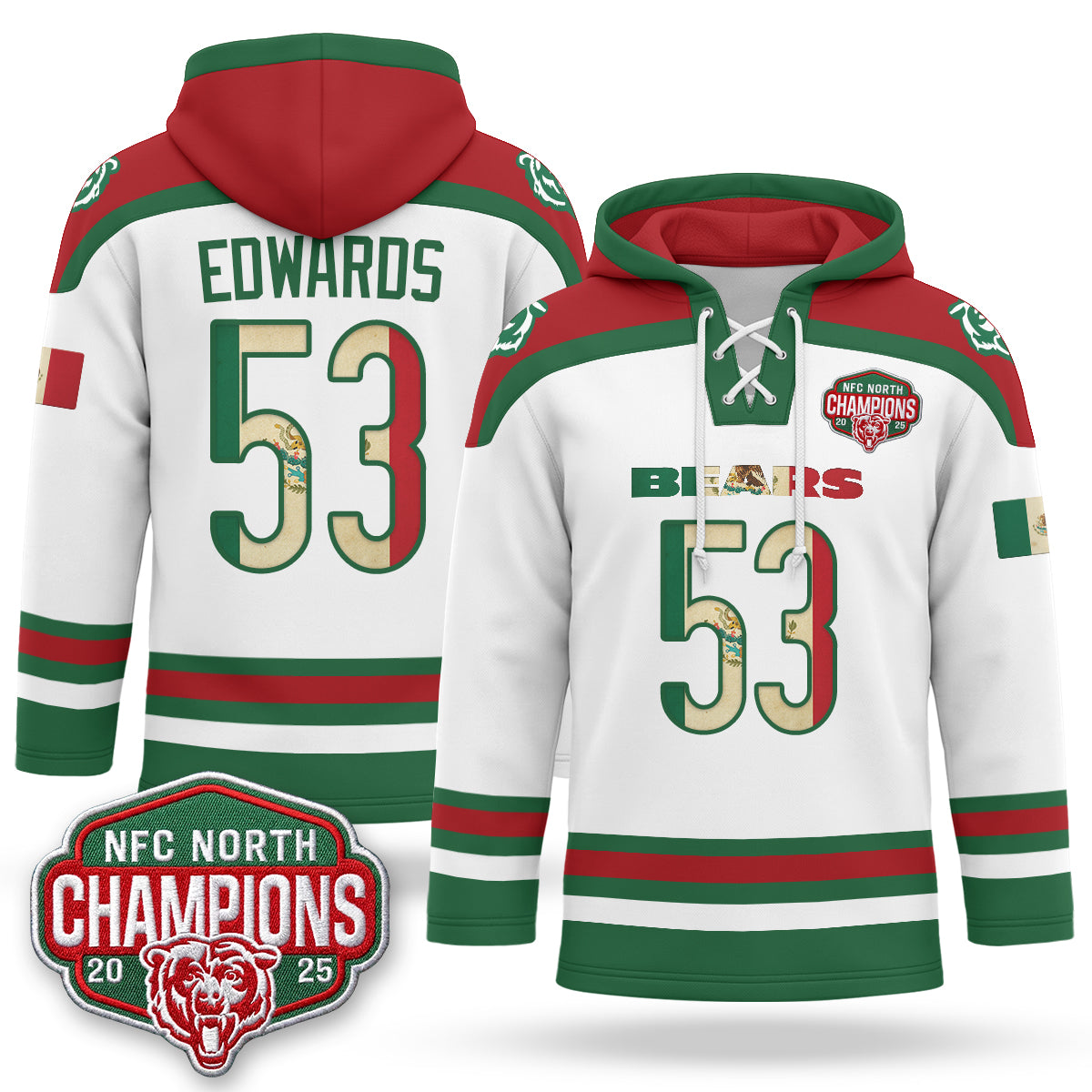 CHI 2026 Mexico NFC North Champions 2025 Patch Hockey Hoodie - Stitched
