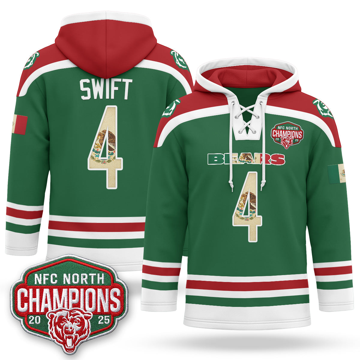 CHI 2026 Mexico NFC North Champions 2025 Patch Hockey Hoodie - Stitched