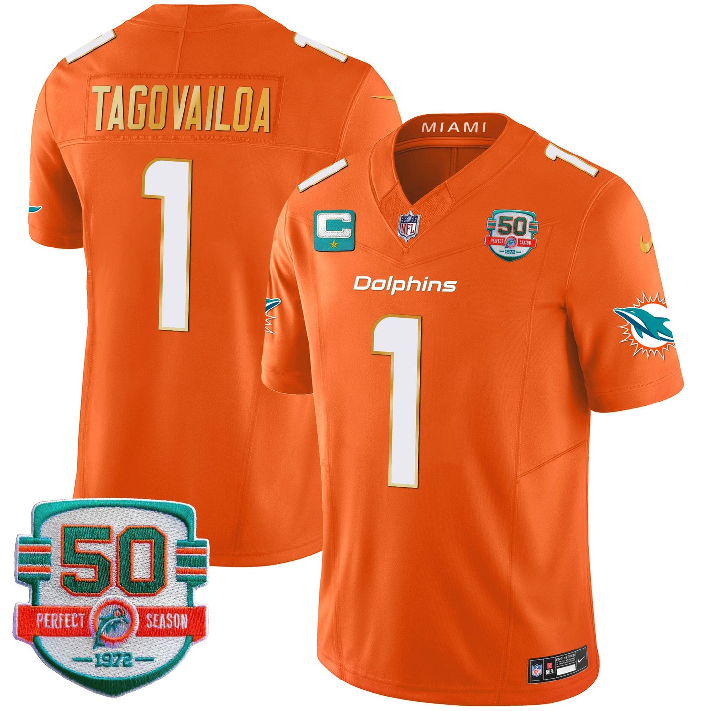 Dolphins Gold Trim Vapor Limited Jersey - All Stitched