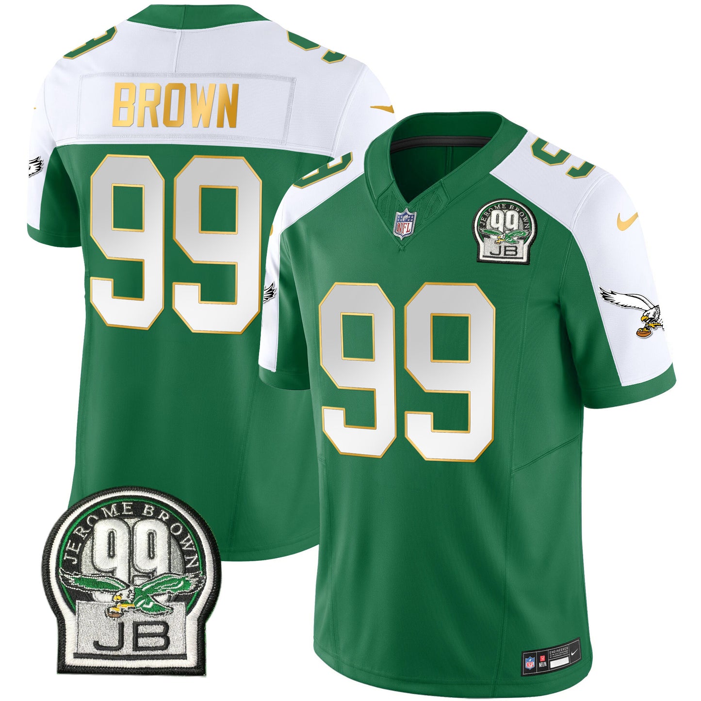 Eagles Jerome Brown Patch Kelly Green Gold Trim Jersey - All Stitched