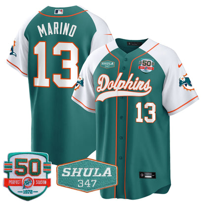 Men's Dolphins 50th & Don Shula 347 Memorial Patch Baseball Jersey - All Stitched