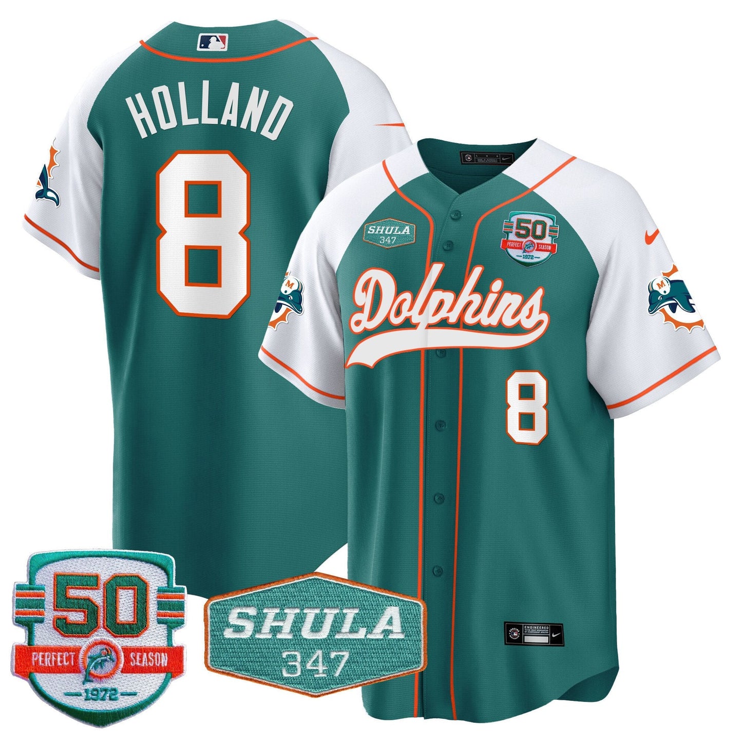 Men's Dolphins 50th & Don Shula 347 Memorial Patch Baseball Jersey - All Stitched
