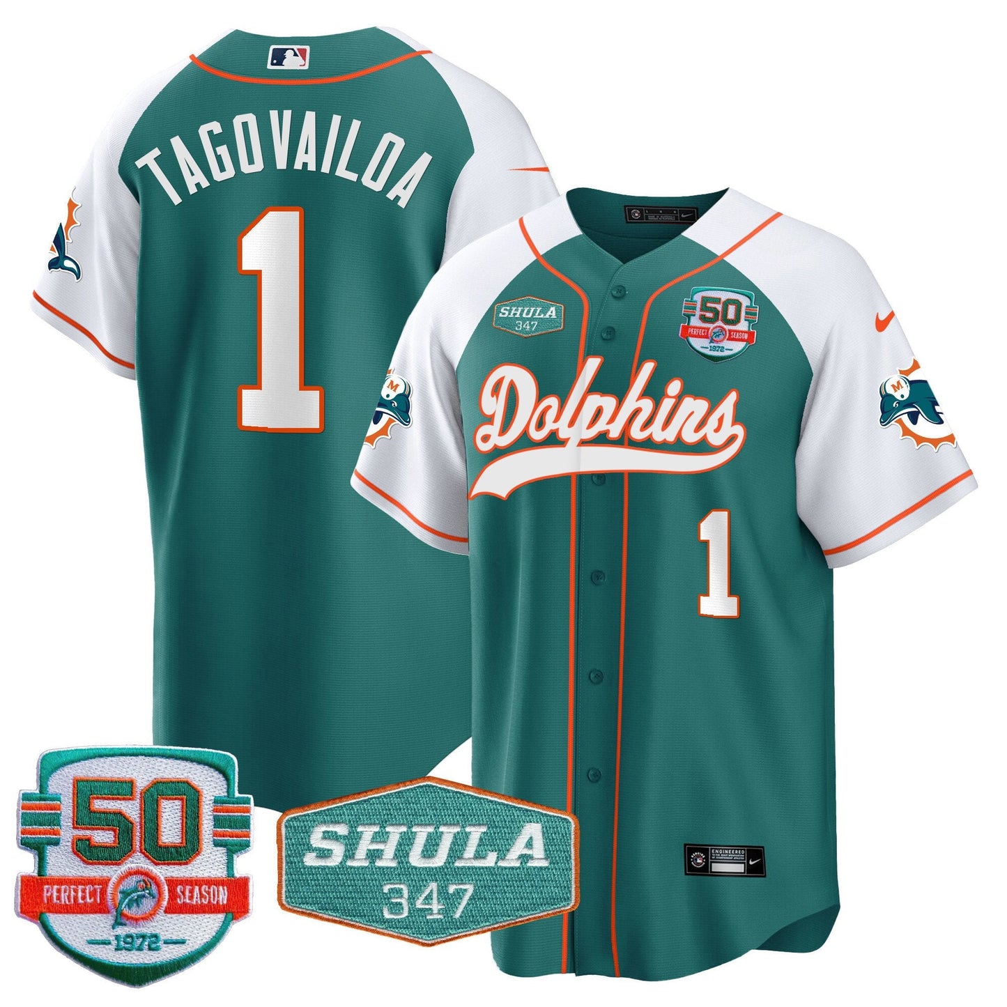Men's Dolphins 50th & Don Shula 347 Memorial Patch Baseball Jersey - All Stitched