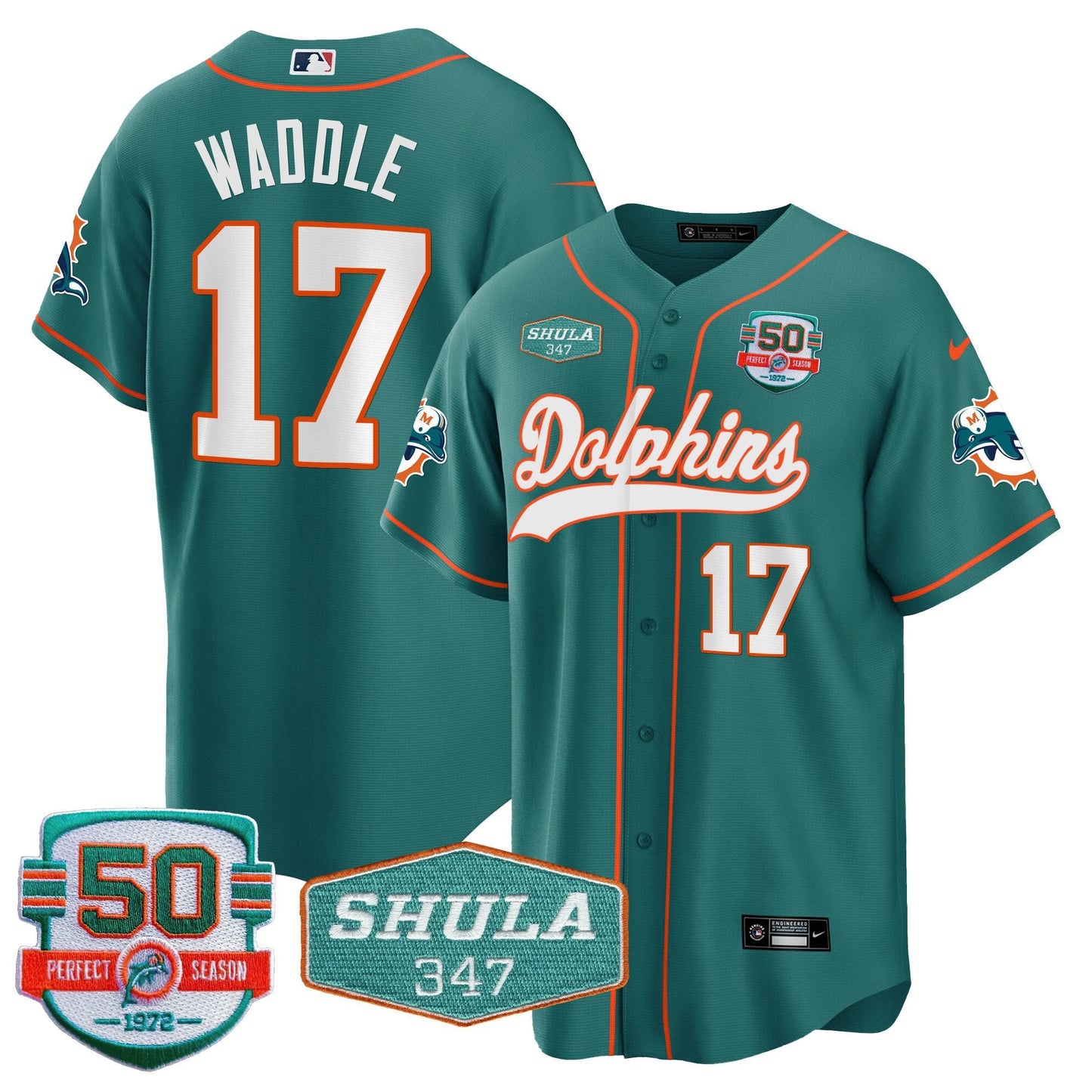 Men's Dolphins 50th & Don Shula 347 Memorial Patch Baseball Jersey - All Stitched