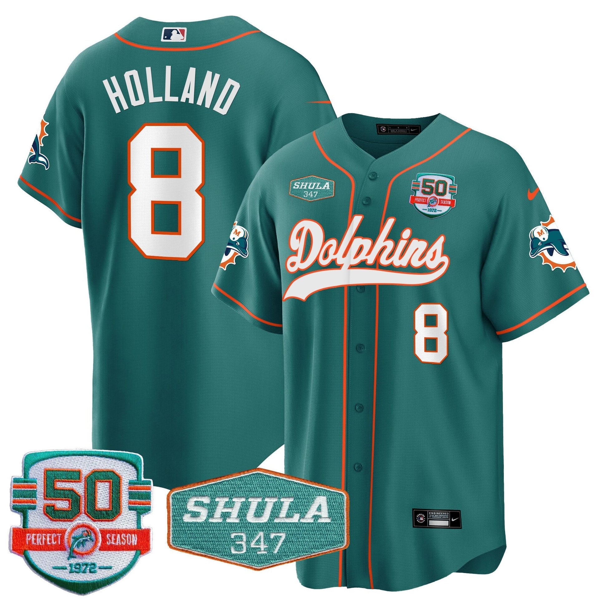 Men's Dolphins 50th & Don Shula 347 Memorial Patch Baseball Jersey - All Stitched