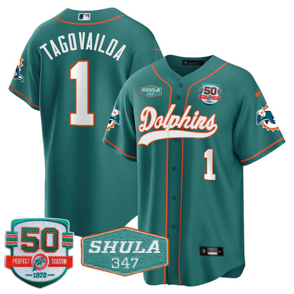 Men's Dolphins 50th & Don Shula 347 Memorial Patch Baseball Jersey - All Stitched