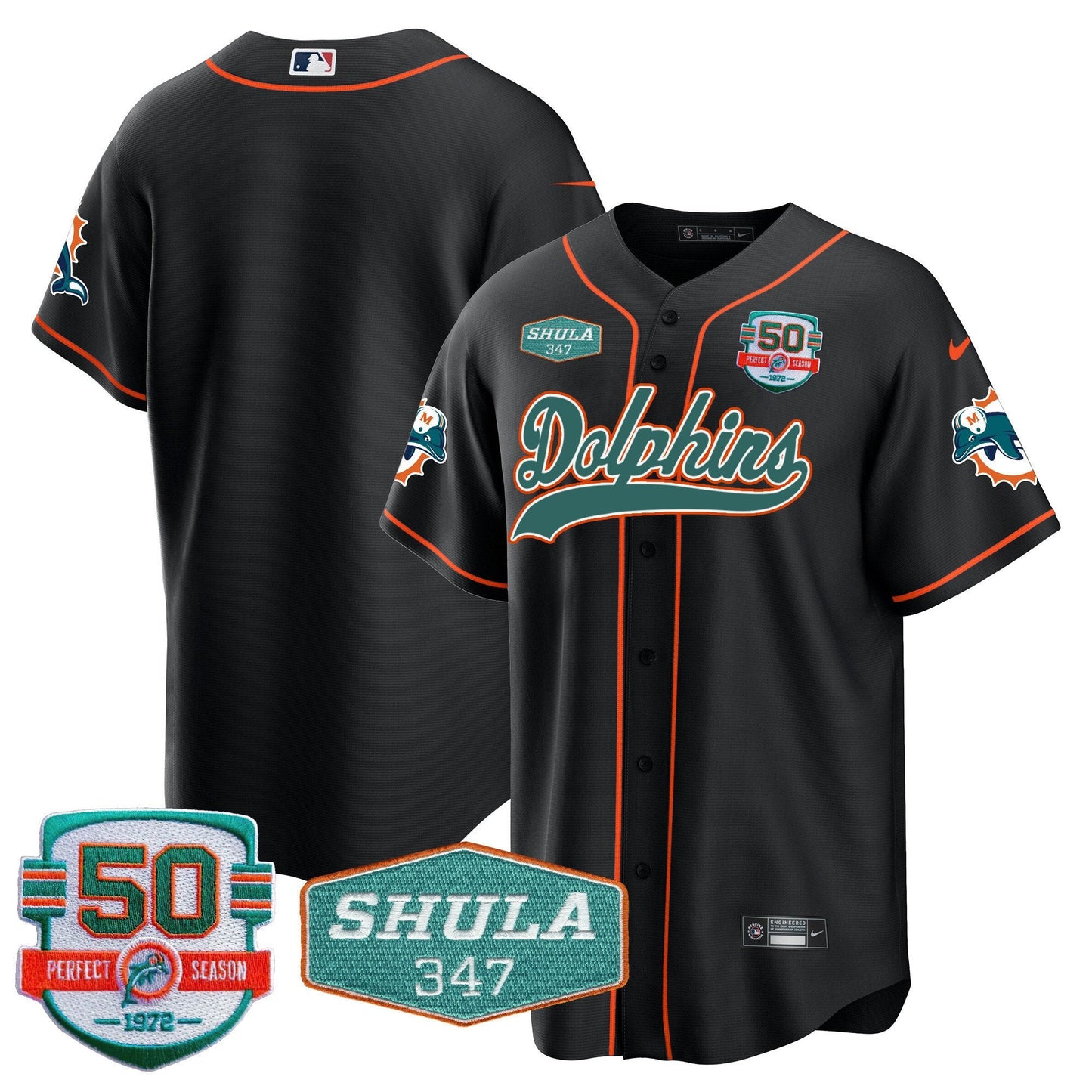 Men's Dolphins 50th & Don Shula 347 Memorial Patch Baseball Jersey - All Stitched