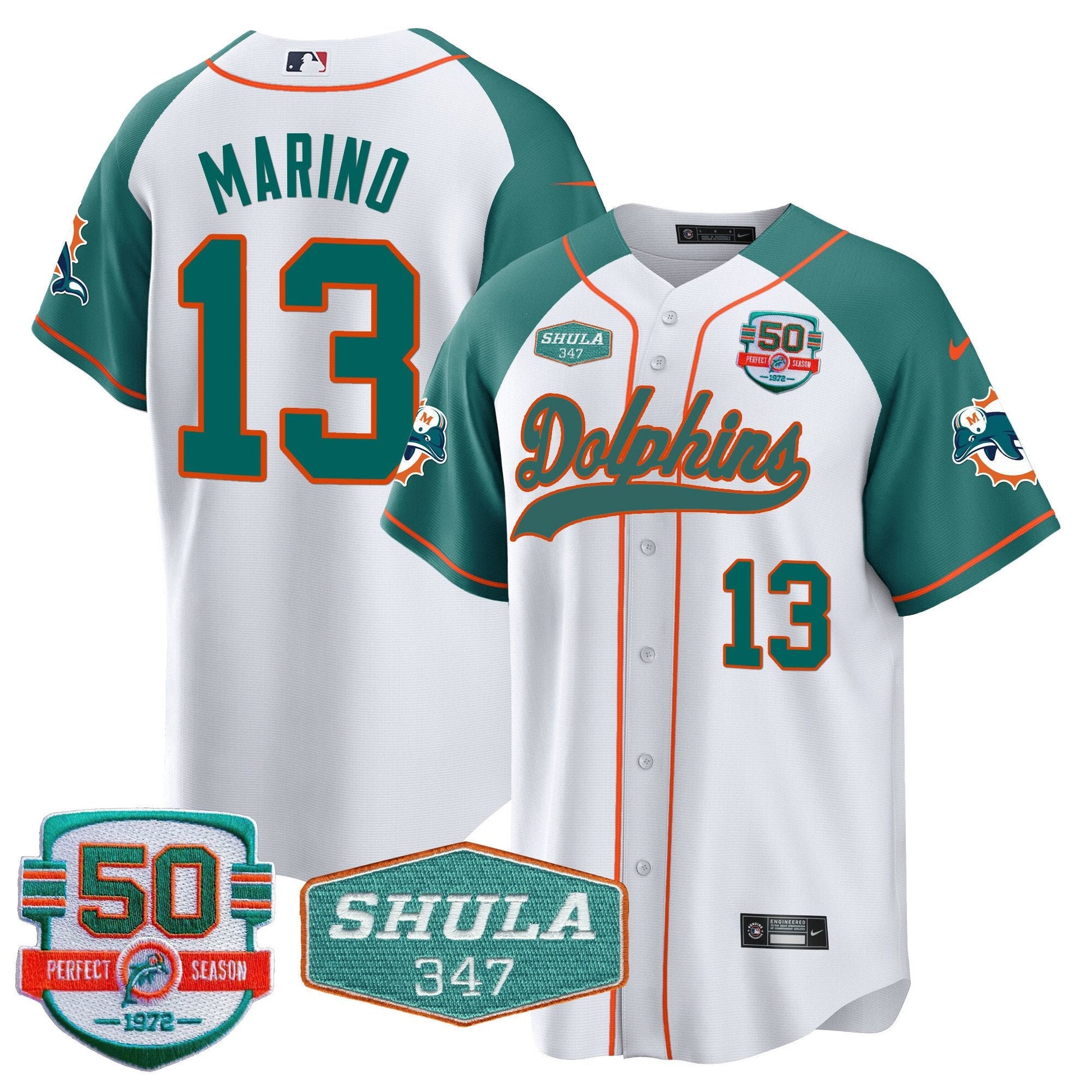 Men's Dolphins 50th & Don Shula 347 Memorial Patch Baseball Jersey - All Stitched