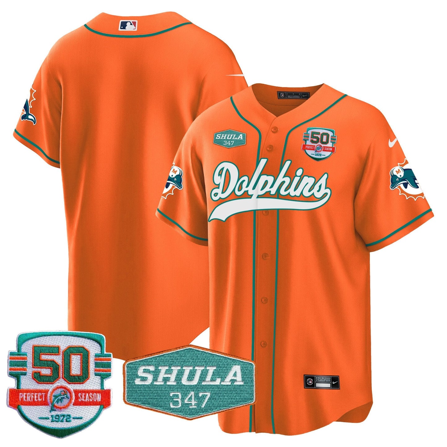 Men's Dolphins 50th & Don Shula 347 Memorial Patch Baseball Jersey - All Stitched