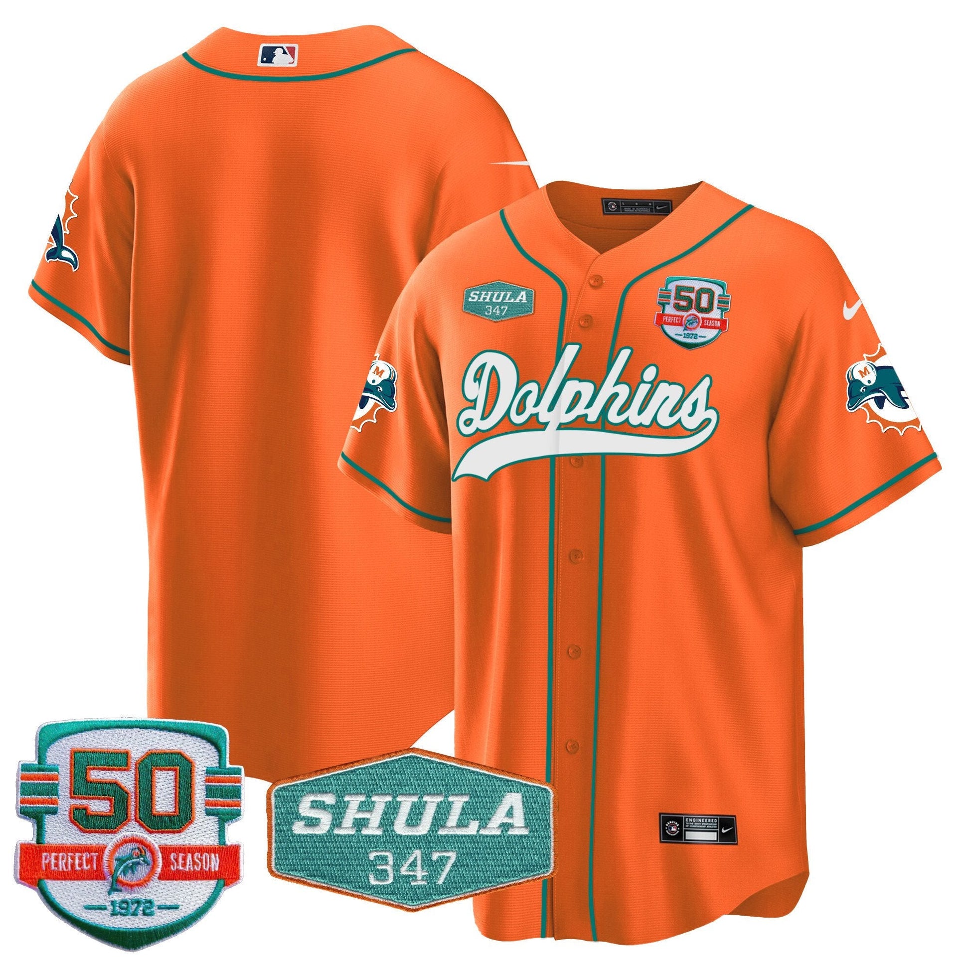 Men's Dolphins 50th & Don Shula 347 Memorial Patch Baseball Jersey - All Stitched
