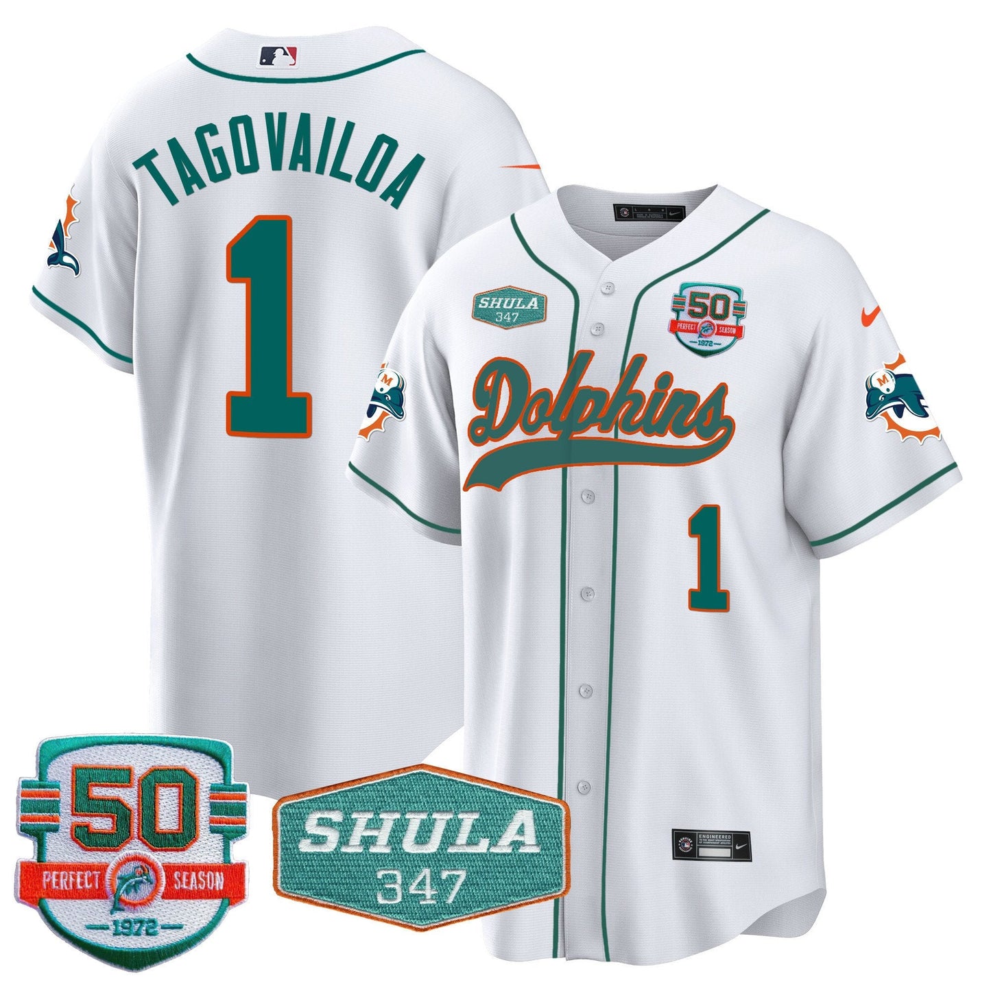 Men's Dolphins 50th & Don Shula 347 Memorial Patch Baseball Jersey - All Stitched