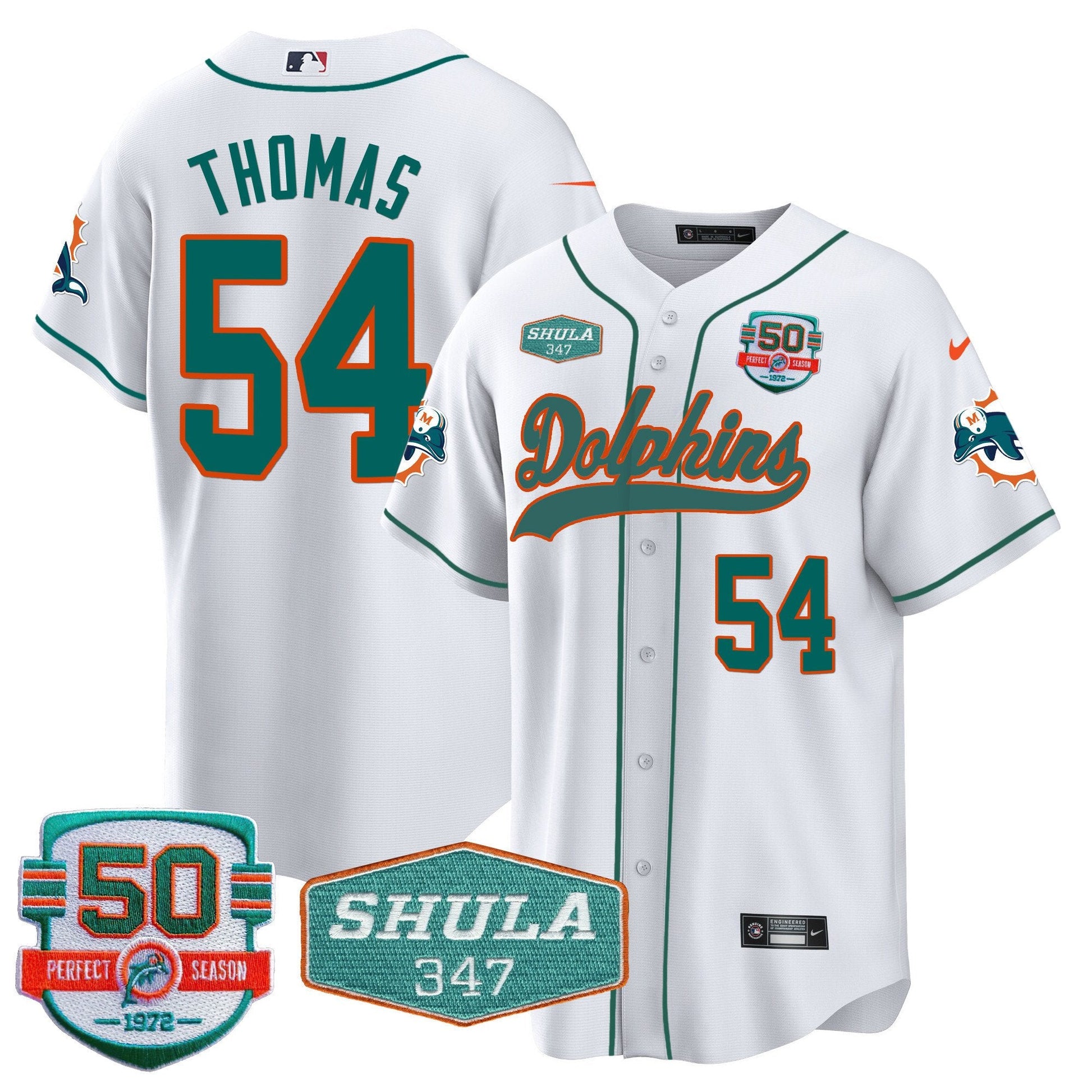 Men's Dolphins 50th & Don Shula 347 Memorial Patch Baseball Jersey - All Stitched