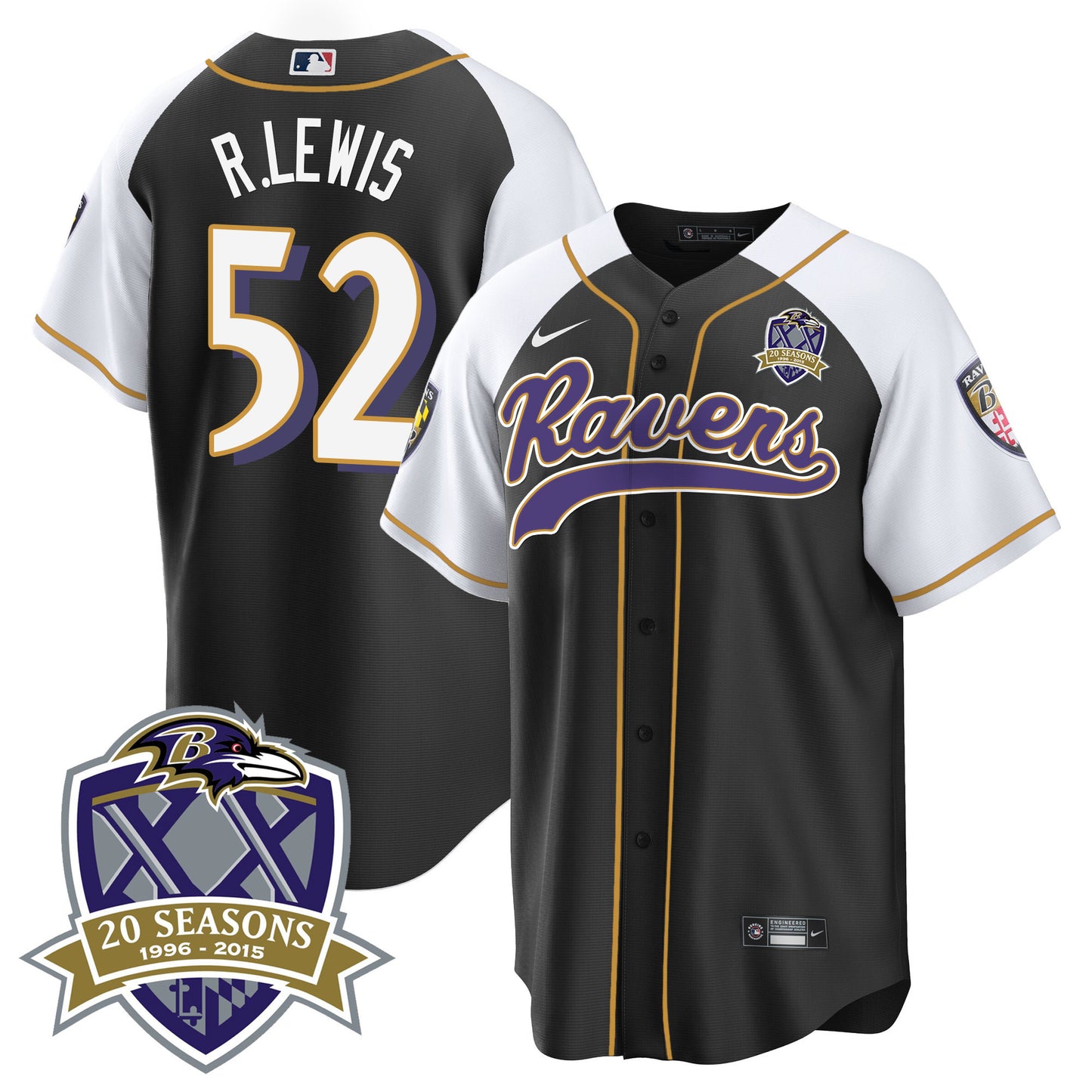 Ravens 20th Season Patch Baseball Jersey - All Stitched