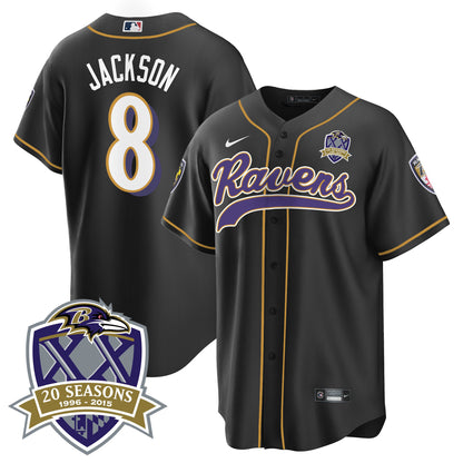 Ravens 20th Season Patch Baseball Jersey - All Stitched