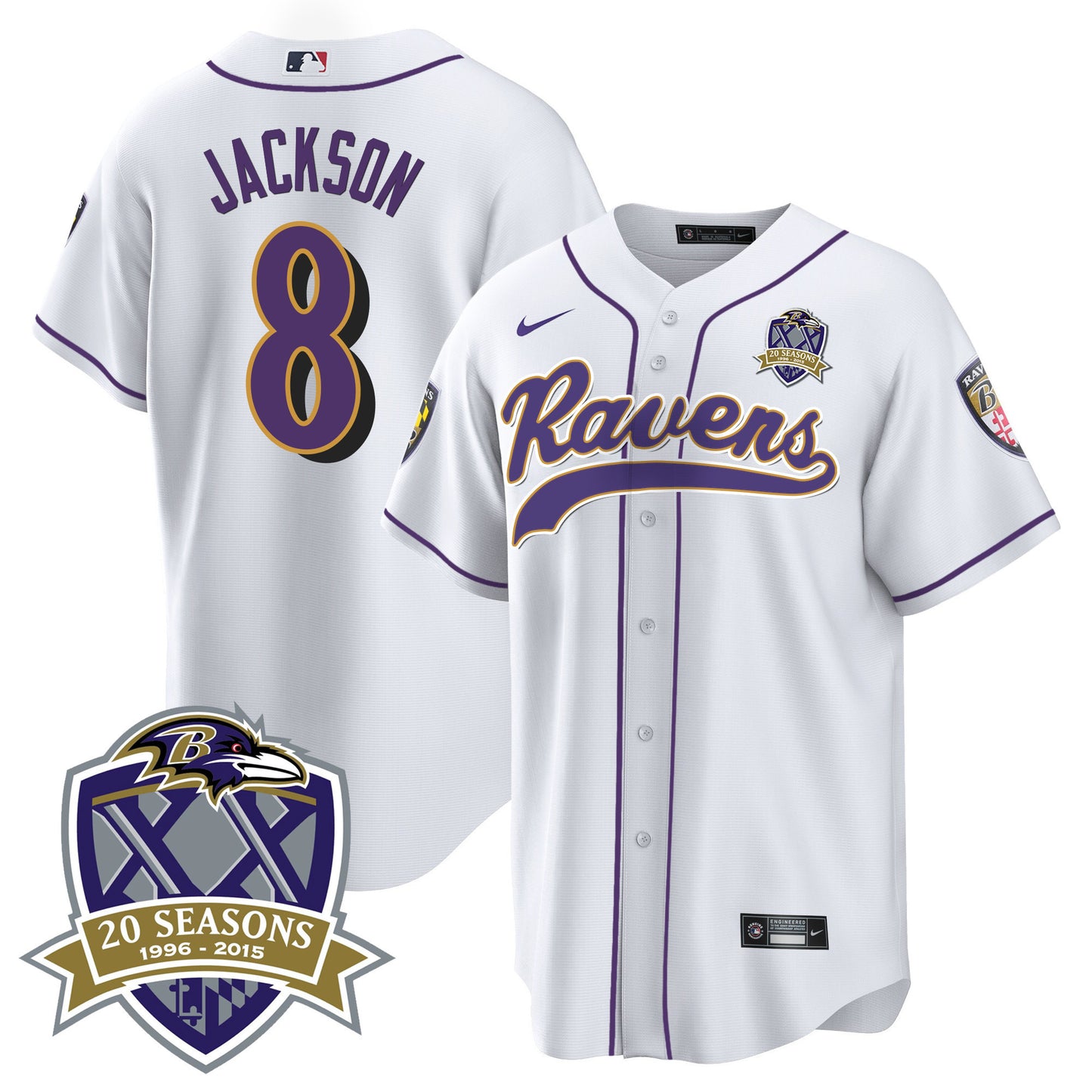 Ravens 20th Season Patch Baseball Jersey - All Stitched