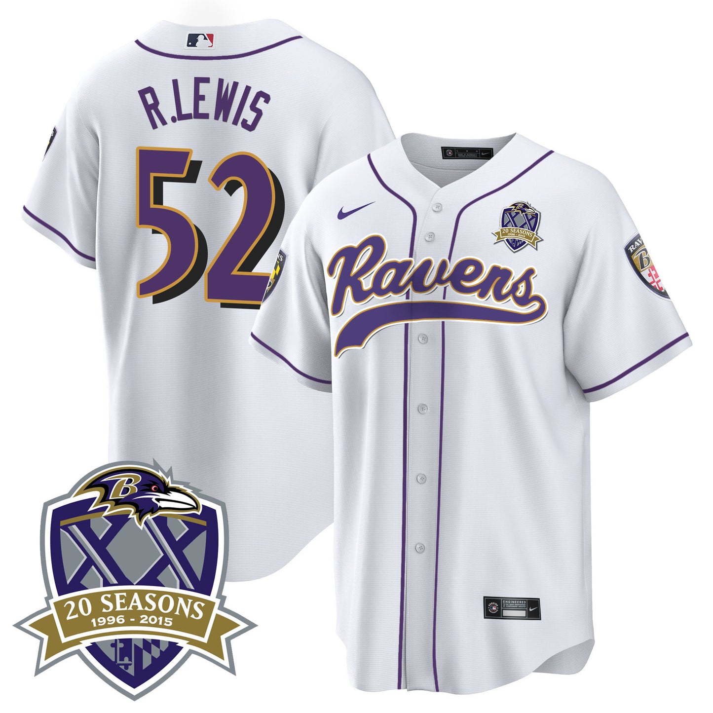 Ravens 20th Season Patch Baseball Jersey - All Stitched