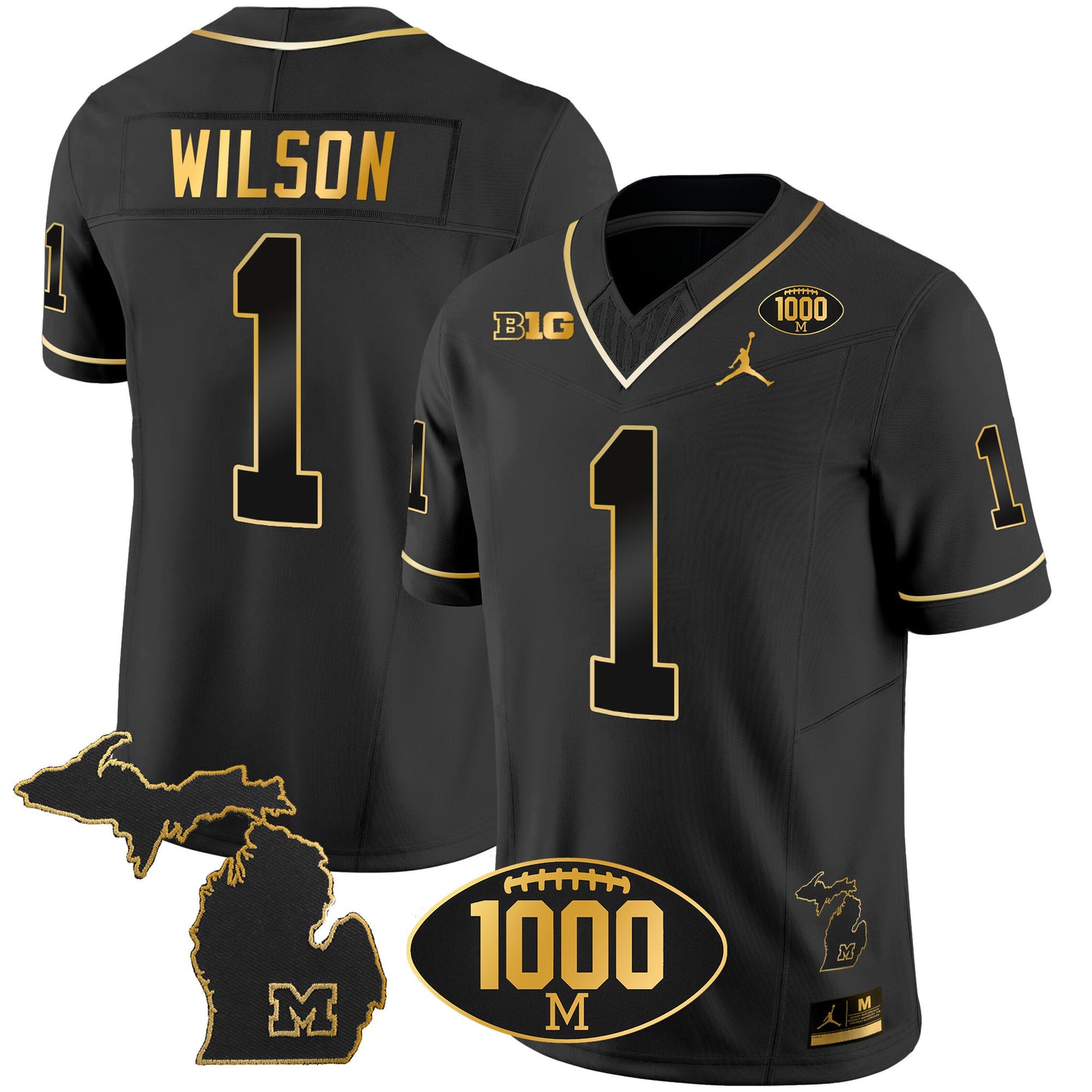 Michigan Wolverines 1000 Wins Patch Gold Jersey V2 - All Stitched