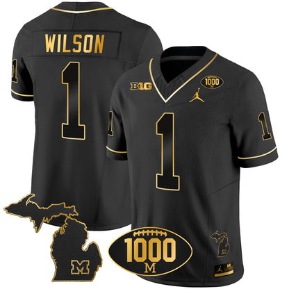 Michigan Wolverines 1000 Wins Patch Gold Jersey V2 - All Stitched