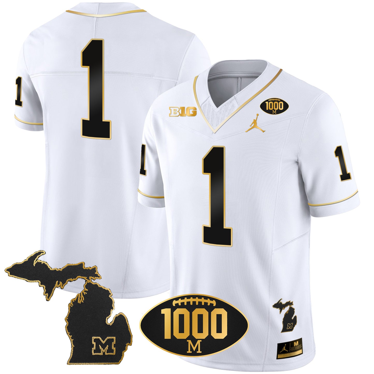 Michigan Wolverines 1000 Wins Patch Gold Jersey V2 - All Stitched