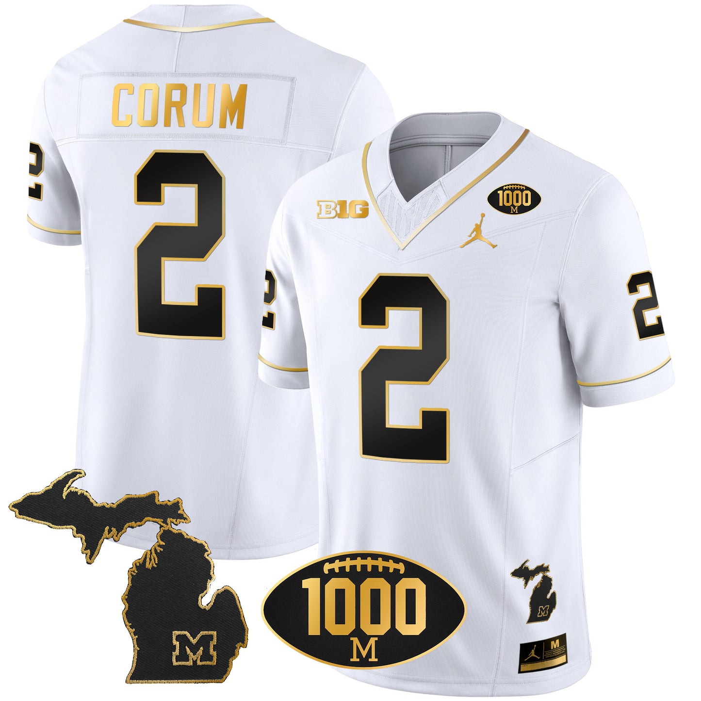 Michigan Wolverines 1000 Wins Patch Gold Jersey V2 - All Stitched