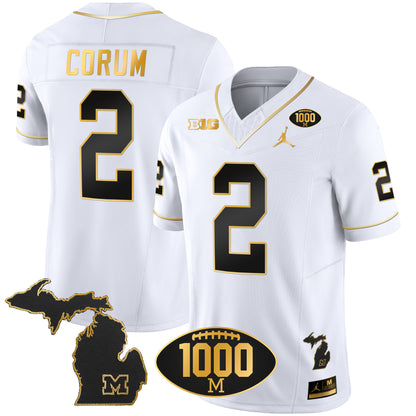 Michigan Wolverines 1000 Wins Patch Gold Jersey V2 - All Stitched