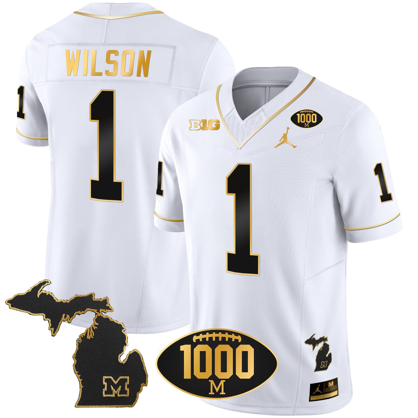 Michigan Wolverines 1000 Wins Patch Gold Jersey V2 - All Stitched